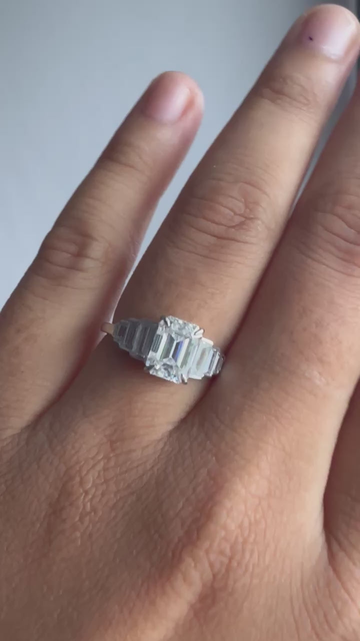 18K Gold Emerald Cut Moissanite Engagement Ring With Side Baguette Accents