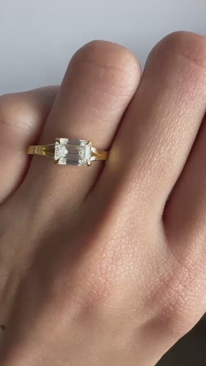 1 Carat East West Emerald Cut Moissanite Ring Split Shank Solitaire Engagement Ring